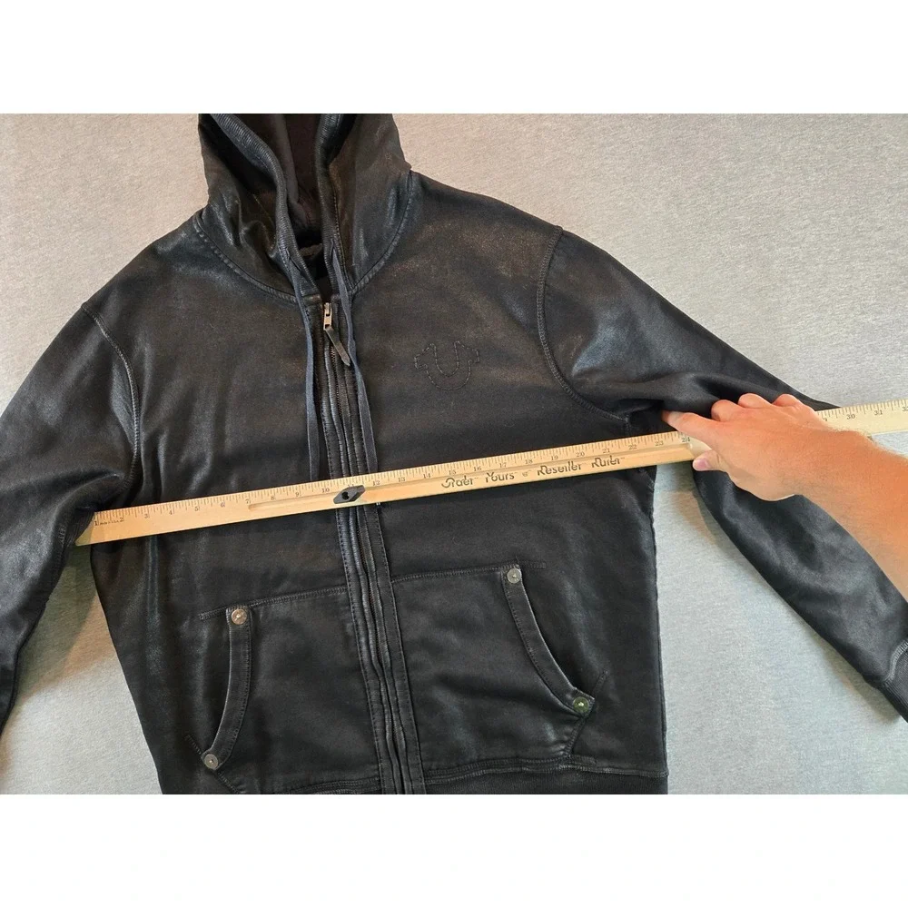 True Religion Hoodie Mens Large Black Coated Waxed Full Zip Horseshoe Logo Moto